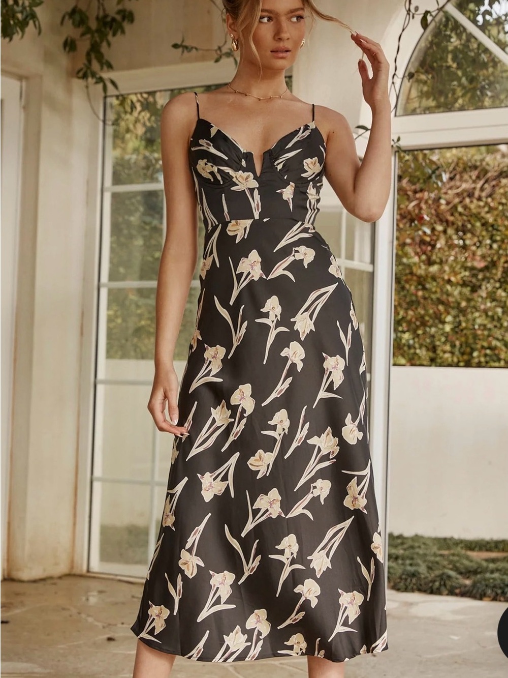 Selfie Leslie Black Floral Satin Midi Slip Dress